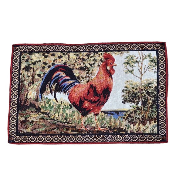 Set Of 4 Rooster Placemats Woven Tapestry Dining Kitchen Chicken Red Farmhouse - Picture 2 of 2